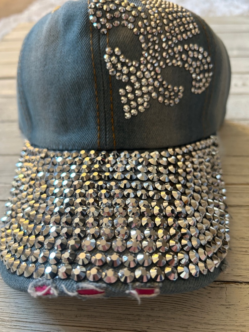 Rhinestone Studded Distressed Denim Baseball Cap  Sparkling Silver Saints Detail - Picture 2 of 6